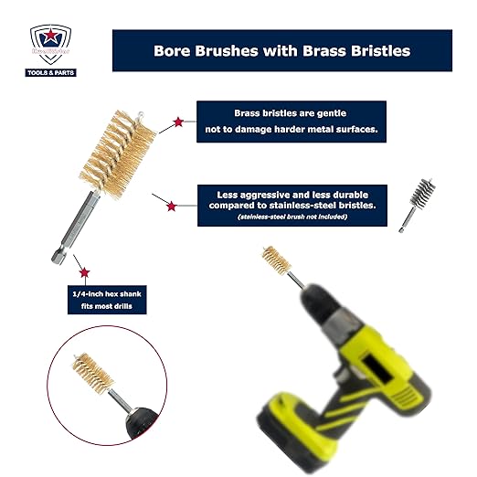 [8-Size_2 Sets] Bore Brush Set, Brass / Copper Wire Brush for Power Drill, Drill Brush Set, Metal Brush, Cleaning Brush, 1(1/8), 1.0, 7/8, 3/4, 5/8, 1/2, 3/8, 1/4-inch Diameter, w/ 1/4-in Hex Shank