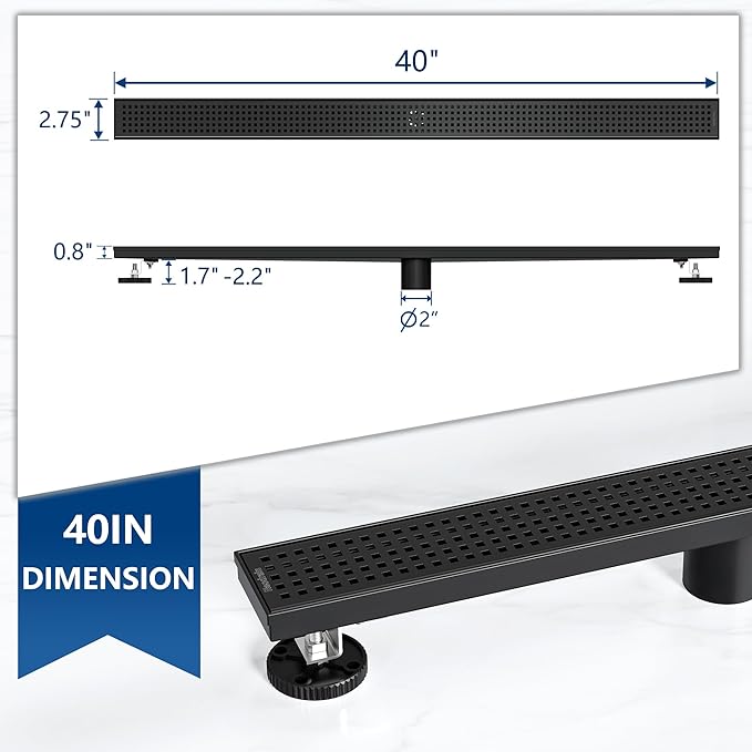 Neodrain 40" Black Linear Shower Drain with Removable Quadrato Pattern Cover, 304 Stainless Steel Rectangle Shower Floor Drains, Matte Black Linear Drain&Leveling Feet, Hair Strainer, CUPC Certified