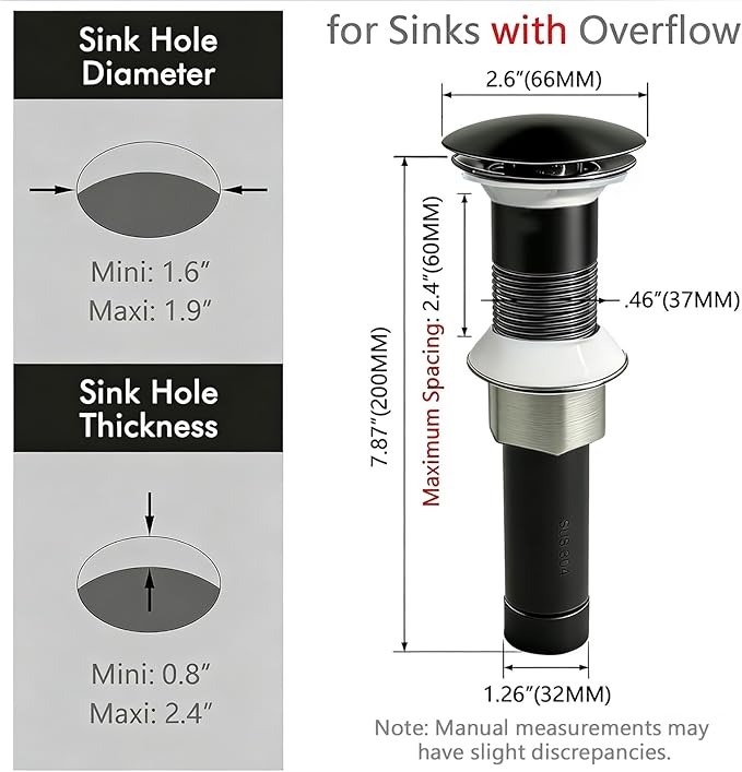 Bathroom Sink Drain, Without Overflow, Pop up Sink Drain Stopper with Strainer Plug for Vessel Sink Lavatory Vanity, SUS 304 Stainless Steel, Matte Black