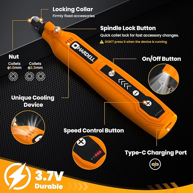 HARDELL Cordless Rotary Tool 3.7V with Universal Chuck, 5-Speed Mini Rotary Tool Kit with 71 Accessories, USB Charging, Multi-Purpose DIY Craft Tool for Sanding, Polishing, Drilling, Engraving(Orange)