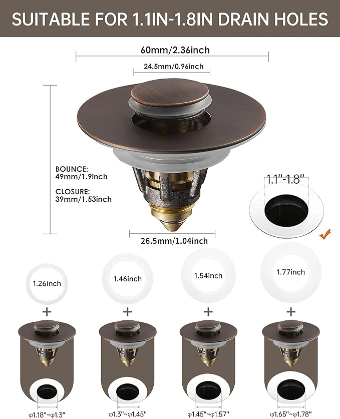 Fransiton Bathroom Sink Stopper, 1.1-1.77 Inch Basin Pop Up Sink Drain Stopper, Anti Clogging Drain Plug with Detachable Hair Catcher, Dark Bronze