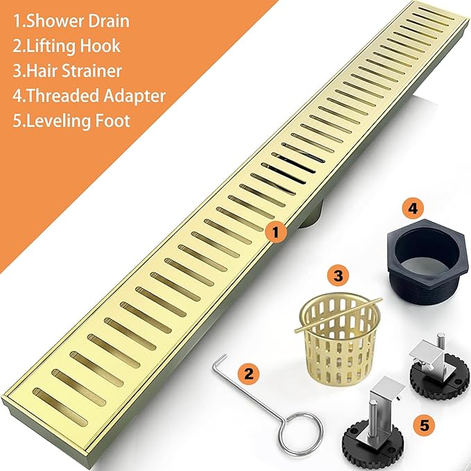 36 Inch Linear Shower Drain Bathroom Kitchen Golden Floor Drain Removable Capsule Pattern Cover Accessories Shower Drain 304 Stainless Steel Drain with Hair Strainer Adjustable Leveling Feet