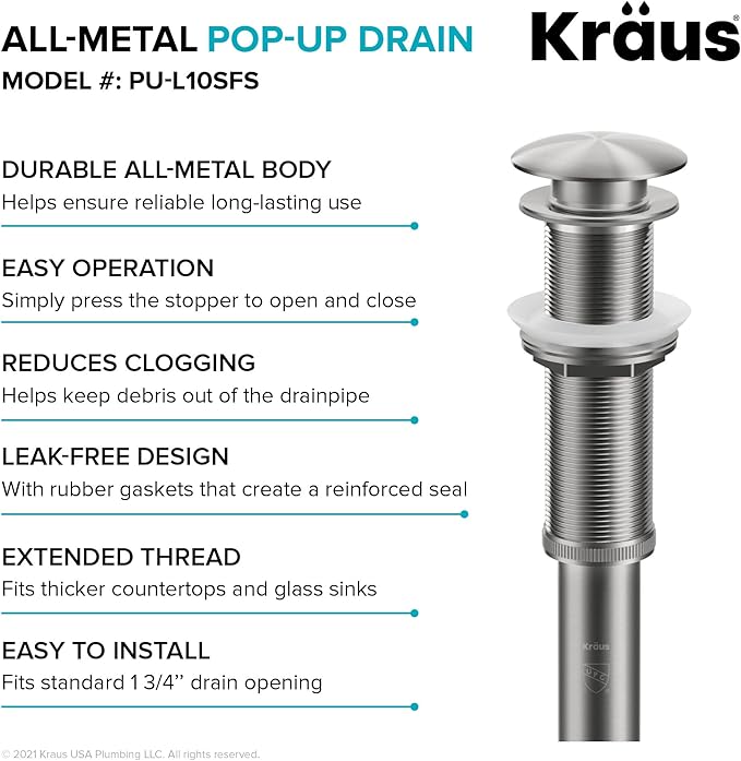 KRAUS Bathroom Sink Pop-Up Drain with Extended Thread for Thicker Countertops and Glass Sinks in Spot-Free Stainless Steel, PU-L10SFS