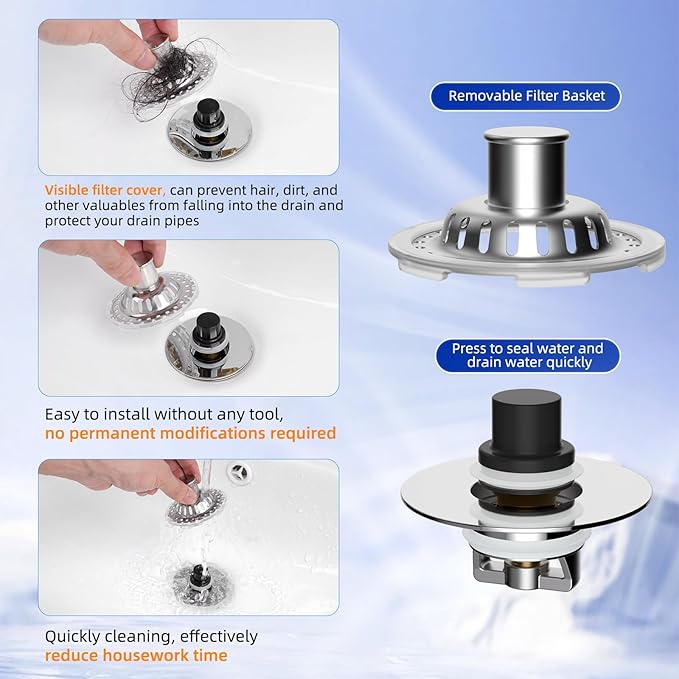 Universal Bathtub Drain Stopper Shower Hair Catcher Bathroom Sink Strainer, Tub Stopper with Visible Top Strainer, Brass Metal 3 in 1 Stopper for Standard 1.1''~2.36'' Hole, Transparent Edge, Chrome