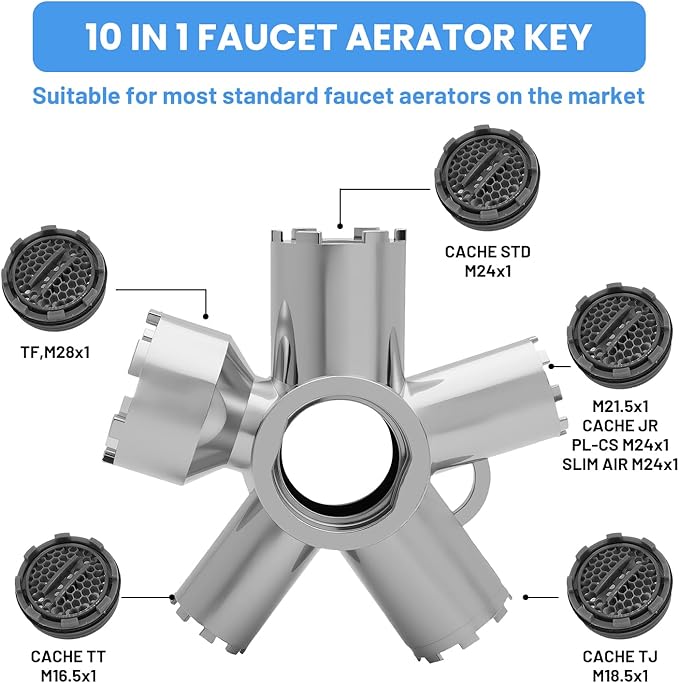 Upgraded 10-in-1 Metal Faucet Aerator Removal Tool Kit,Heavy-Duty Metal Faucet Key for Housed & Threaded Aerators,Fits M16.5- M28 Sizes,Plumbing Tool for Bathroom Kitchen Home Repair