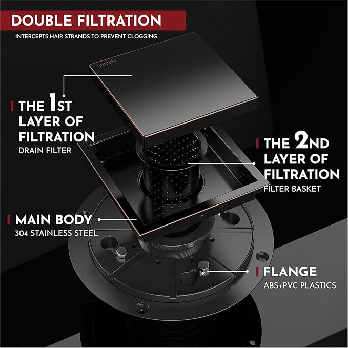 WEBANG 4 Inch Square Shower Drain Bronze Floor Drain with Flange Reversible 2-in-1 Cover Tile Insert Grate Removable SUS304 Stainless Steel CUPC Certified Oil Rubbed Bronze