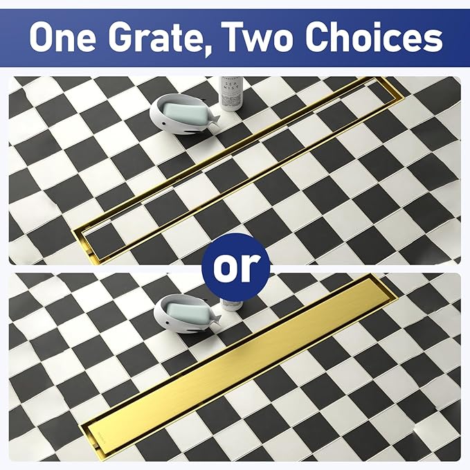 Linear Shower Drain 24", Brushed Gold Floor Drain with Tiled Insert Grate & Hair Strainer, 304 Stainless Steel Bathroom 2-in-1 Tiled in Drain, CUPC Certified (Brushed Gold, 24'')