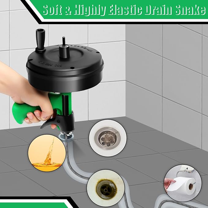 50 Ft Drain Snake, Fast Unclog Snake, Manual & Electric Plumbing Snaker for Shower Sink, Toilet and Kitchen, Drain Auger 50 ft Comes with Gloves and Bag, 1/4 Inch, Green