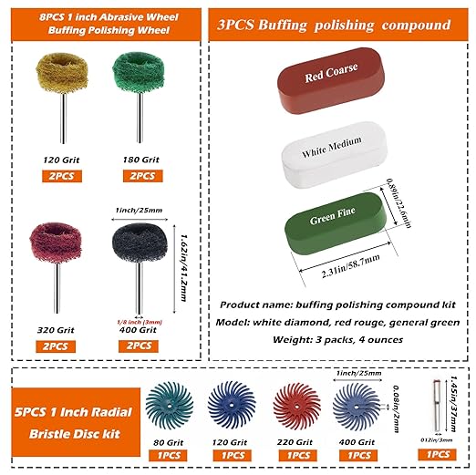 185Pcs Wool Felt Polishing Kit with Sanding Drum –1/8inch Shank Rotary Tool Accessories Set, Includes Buffing Wheels,Polishing Compound & Pads for Metal,Wood,Ceramic, Stainless Steel & Glass