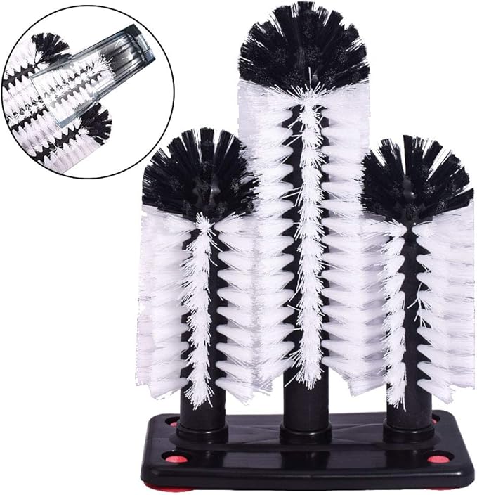 Water Bottle Cleaning Brush Glass Cup Washer with Suction Base 3 Head Bristle Brush for Beer Cup, Long Leg Cup, Red Wine Glass and More Bar Kitchen Sink Home Tools