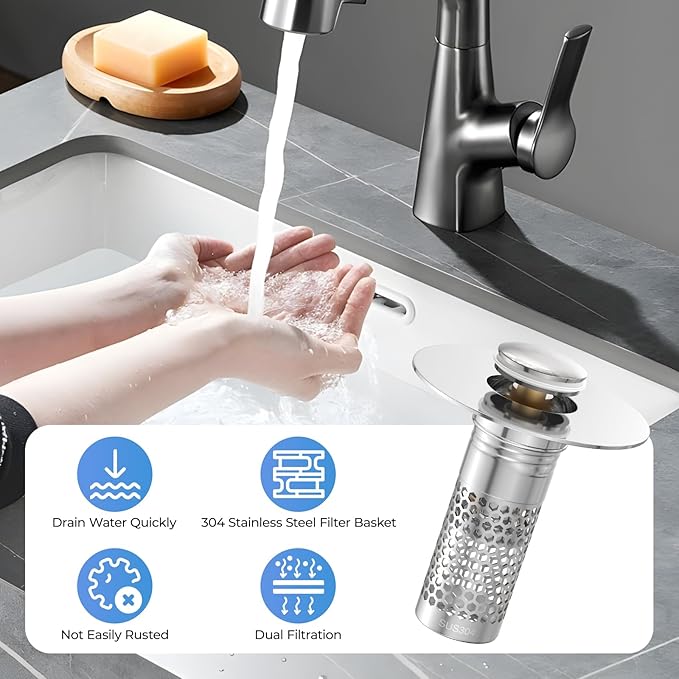2 Pack Pop Up Bathroom Sink Drain Stoppers, Removable Sink Drain Strainer Stopper Hair Catcher with Stainless Steel Anti-Clog Filter Basket for Sinks and Drains 1.06-1.5 Inch