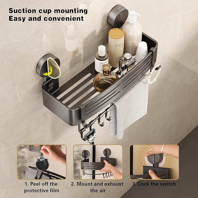 VOLPONE Corner Shower Caddy Suction Cup Shower Shelf Corner No Drilling Bathroom Shower Organizer Storage Rack Adhesive triangle with towel bar hooks 3 tier gray