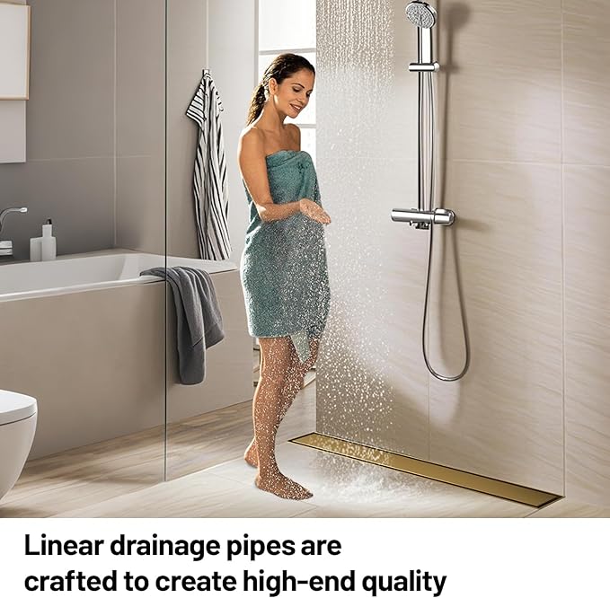 Linear Shower Drain, 304 Stainless Steel with Adjustable Leveling Feet, Hair Strainer,Reversely Install Place to Create an Invisible Floor Drain - Gold -48-Inch