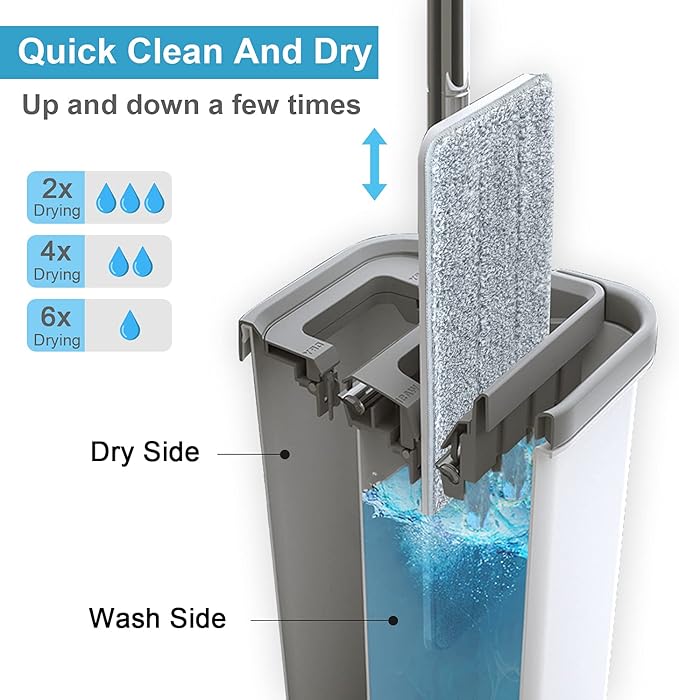 Mop and Bucket with Wringer Set, Hands Free Flat Floor Mop and Bucket, 3 Washable Microfiber Pads Included, Wet and Dry Use, Home Floor Cleaning System for All Floor Types and Windows
