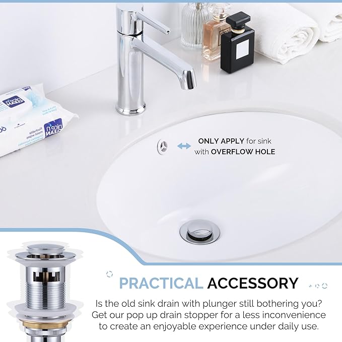 Bathroom Sink Drain Chrome, Angle Simple Brass Sink Stopper with Overflow, Pop Up Darin Assembly