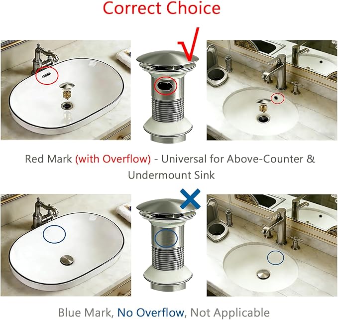 Bathroom Sink Drain, with Overflow, Pop up Sink Drain Stopper with Strainer Plug for Vessel Sink Lavatory Vanity, SUS 304 Stainless Steel, Brushed Nickel