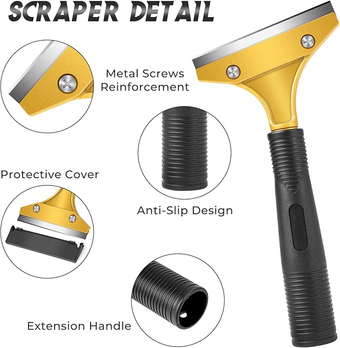 DIYSELF Tile Scraper, Heavy Duty Tool With Protective Cover, Gold Razor Blade for Removing Paint, Wallpaper, Glue From Floors, Glass, Stoves (Extra 10pcs Sk5 Blades)
