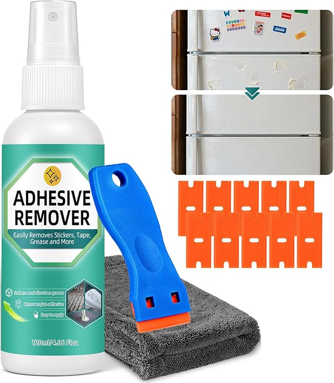 Halldeli Adhesive Remover Kit, Sticker Remover Spray for Cars, Floor, Windows, Surface-Safe Glue Remover with Plastic Scraper – Quickly Removes Decals, Tape Residue, Gum, Tar and Grease