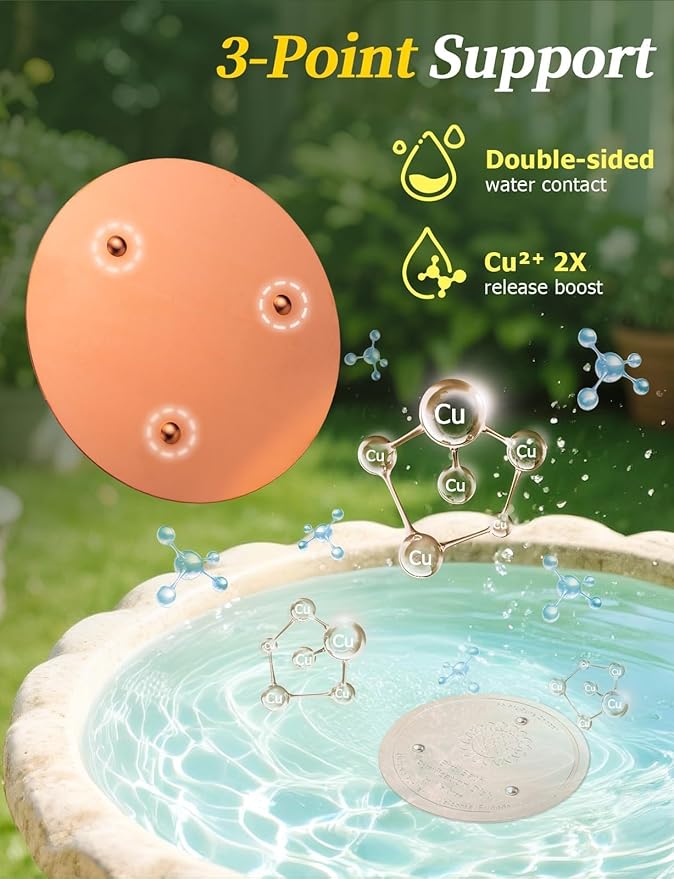 Mellbree 2-Pack Bird Bath Copper Disk, 0.6mm Reinforced 99.99% Pure Copper Cleaning Disk with Triple-Point Support for Physical Safe Clean Water, Universal Fit for Outdoor Birdbath, Bowl (Sunflower)