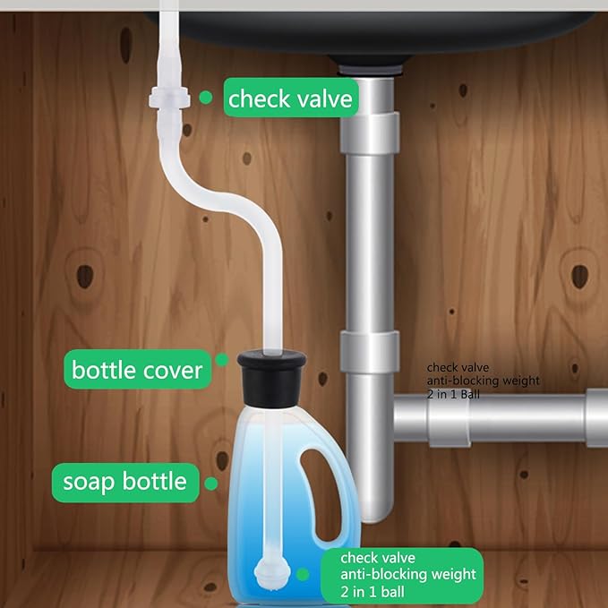 Under Sink Soap Dispenser Extension Tube Kit – 47" Hose with Check Valve & Weighted Ball – Connect Sink Dispenser to Large Dish Soap Bottle – No More Refills – Includes 4 Universal Bottle Caps