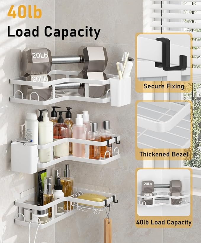 3 Pack Corner Shower Caddy Organizer, Rustproof Corner Shower Shelves, No Drilling Bathroom Corner Shelf with Hooks and Toothpaste Holder
