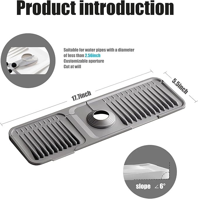 STARGAZ Silicone Faucet Mat for Kitchen Sink,Faucet Draining Mat,Sink Back Splash Guard,Kitchen Rubber Mat,Bathroom Sink Faucet Mat,Soap Dish,Silicone Sink Protector(Grey,17.7”×5.5”)