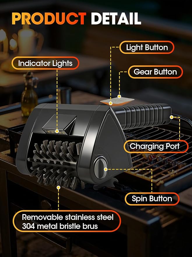 Electric Grill Brush, Built-in LED BBQ Cleaner with 29W High Torque Motor, 2-Speed Hard Scrubbing Cordless Grill Cleaner, 4000mAh Rechargable, Removable Dishwasher Safe 304 Stainless Steel Brush Head