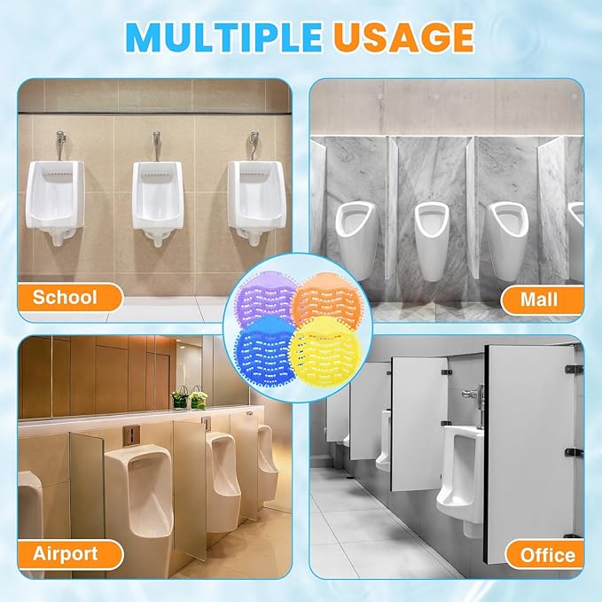 32 Pack Urinal Deodorizer Screen with 100 Gloves, 3D Wave Anti-Splash Odor Protection Urinal Cakes for Men Toilets Dry Wet Urinal Deodorant Bathroom Office Mall Hotel Four Scents Urinal Mats