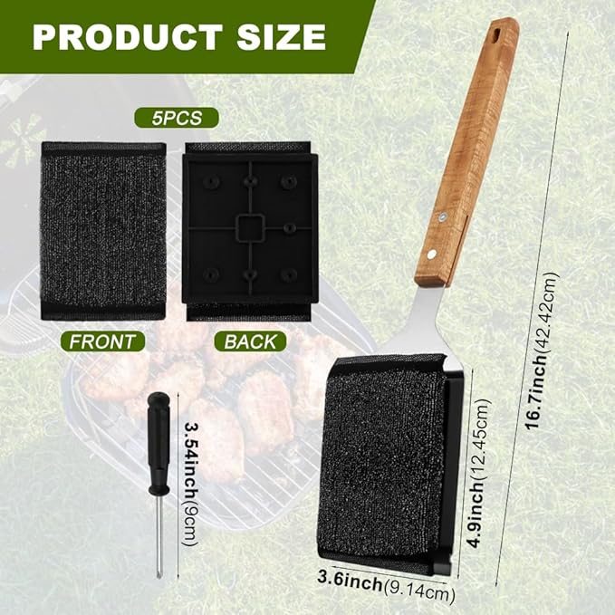 BBQ Grill Brush with Scraper, 5 Replacement Heads, 16.7in Safe Wire Grill Brush,Cleaning Brush Grill Grate Cleaner for Outdoor Grills