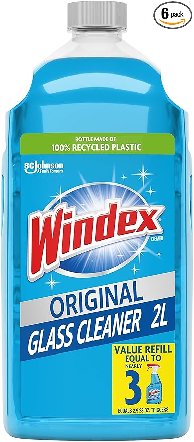 Windex Refill Glass and Window Cleaner Bottle, Bottle Made of 100% Recycled Plastic, Surface Cleaning Spray, Original Blue Scent, 2L (67.6 Fl Oz) (Pack of 6)
