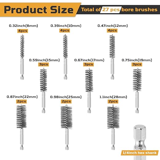 27 Pcs Stainless Steel Bore Brush Set, Metal Wire Cleaning Brushes with 1/4" Hex Shank, Abrasive Bore Cleaning Wire Brush for Drill for Removing Rust Dirt in Pipes Machinery Parts and More 8mm-28mm