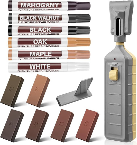 Laminate Floor Repair Kit with Heat Pen,Linoleum Repair Hard Wax 6 Color Wood Vinyl Floor Furniture Repair Kit Touch Up Marker Cover Scratches, Stains,Cabinet, Table Cracks, Holes for Door