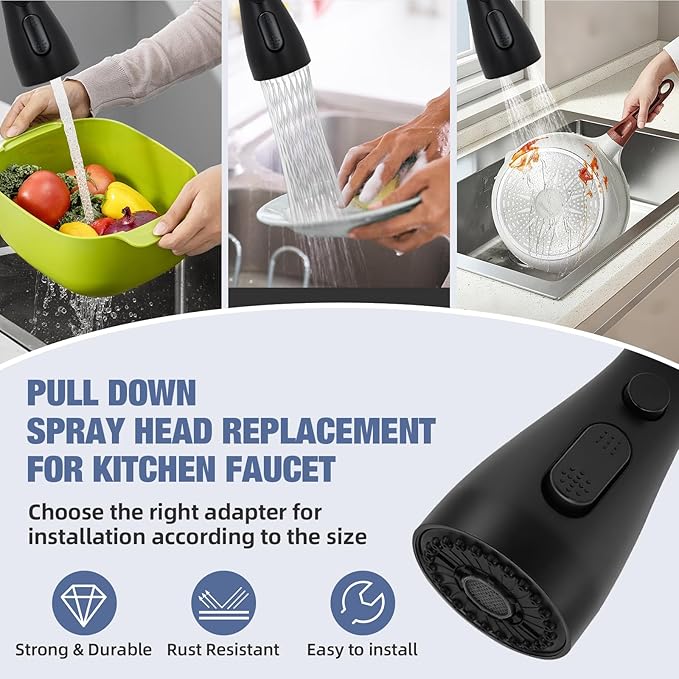 Kitchen Faucet Head Replacement, 3-Function Pull Down Spray Head with 9 Adapters, Sink Faucet Spray Head Compatible with Moen, Delta, American Standard Faucet, etc, Matte Black