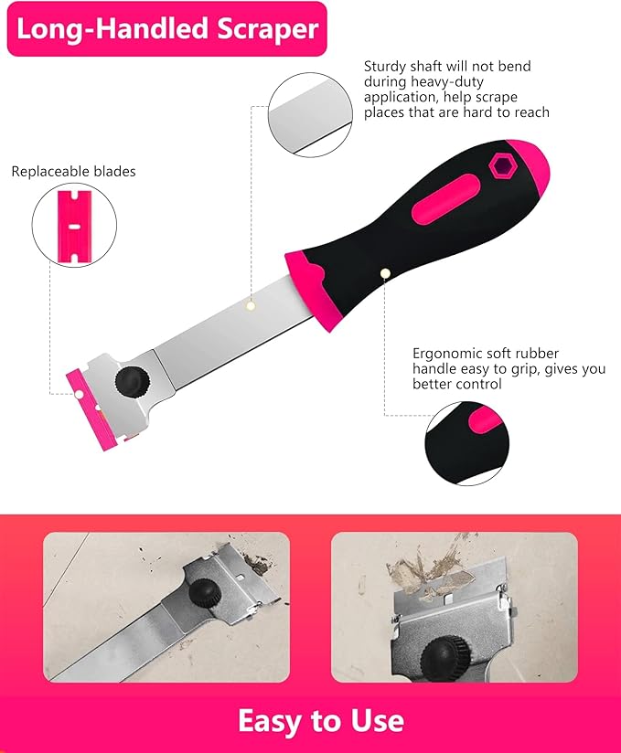 Razor Blade Scraper,Long Handle Razor Scraper with 10 Plastic and 10 Metal Blades - Perfect for Removing Labels, Stickers, Registration Stickers, and Grease from Windshields, Tint, and Glass (Pink)