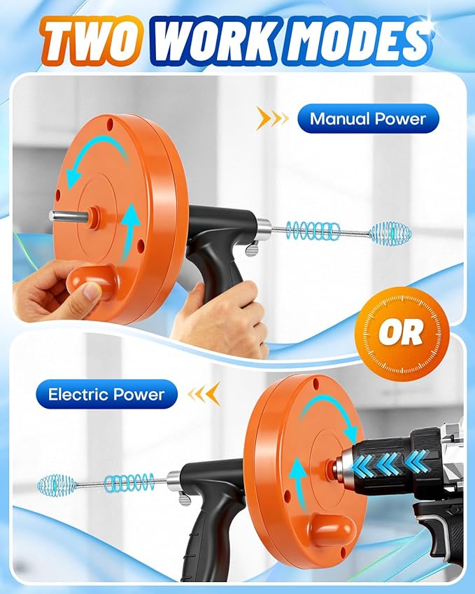 Drain Auger, Plumbing Snake with Drill Adapter, 25 ft Flexible Drain Snake Clog Removal Tool Use Manually or Powered for Kitchen Bathroom Shower Sink, Come with Gloves and Cloth Bag