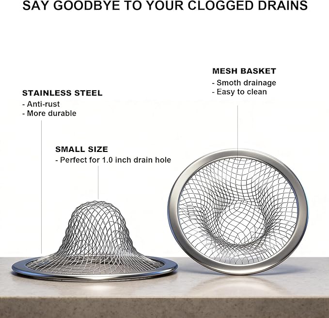 Huntonry 2.215" Top Diameter, 1.0" Basket Small Bathroom Sink Strainer, Little Drain Mesh, Utility, Slop, Laundry, RV and Lavatory Sink Drain Strainer Hair Catcher. Stainless Steel.