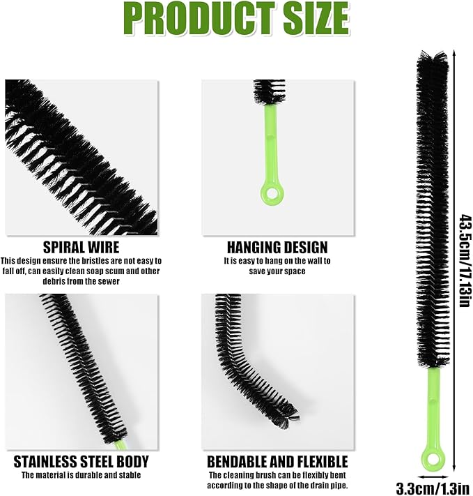 2pcs Sink Drain Brush, Bathroom Hair Clog Cleaner Nylon Stainless Steel Long Pipe Cleaners Dryer Lint Vent 17in Flexible Long Cleaning Brush for Toilet Floor Drain Kitchen Sewer Drain