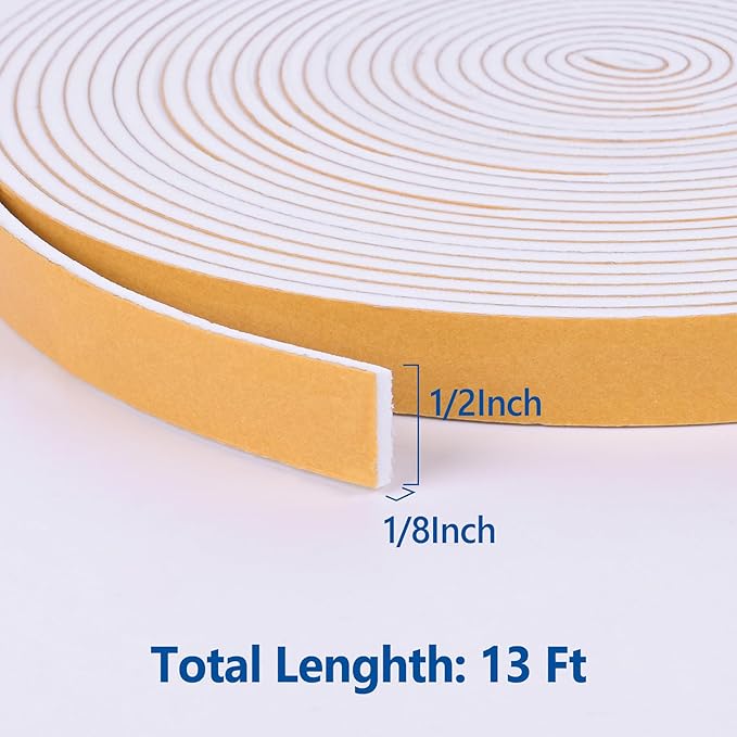 Kikerike Self Adhesive Foam Tape Weatherstrip 1/2in x 1/8in x 13Ft High Density Foam Insulation Strips Seal Weather Stripping with Strong Adhesive for Door and Window Sound Isolation Soundproofing
