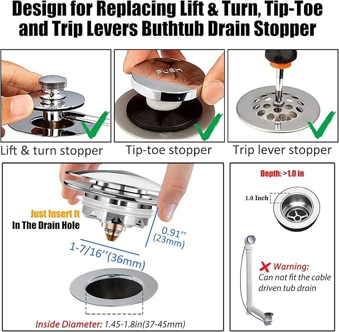 Bathtub Drain Stopper, Pop Up Tub Stopper and Cover, Bottom with Hair Catcher, Universal for 1.45 to 1.8in Drain, Replaces Old Drain Plug, Chrome Silver
