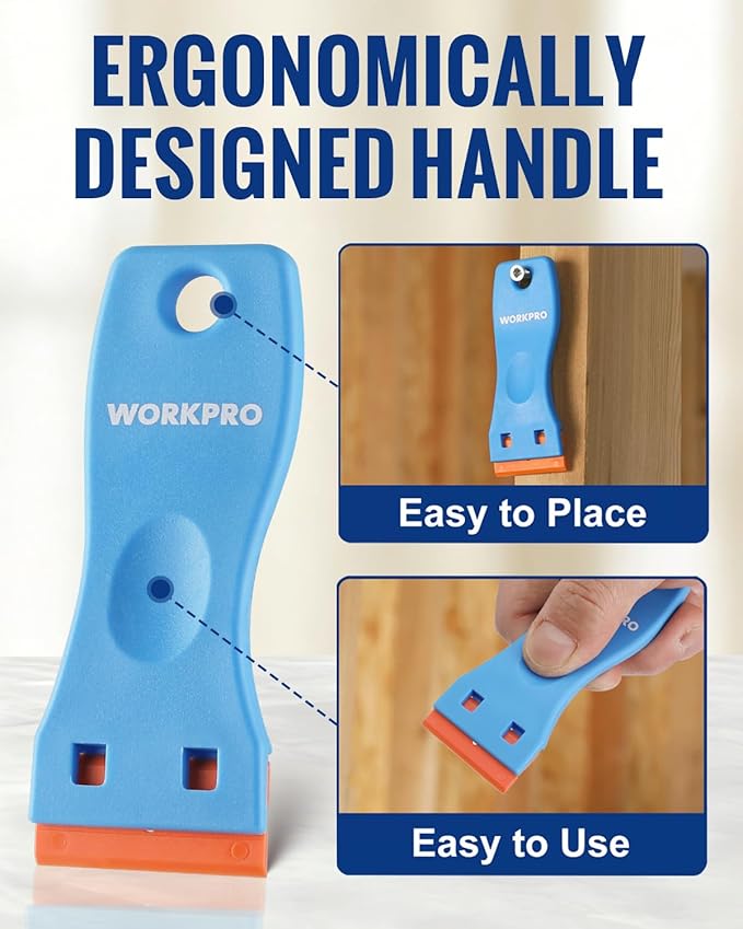 WORKPRO 12-Piece Plastic Razor Blade Scraper with 120 Pcs Plastic Razor Blades, for Gasket Remover, Labels Decal and Adhesive Remover for Windows and Glass