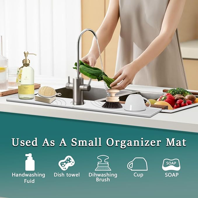 Kitchen Sink Diatomite Splash Guard - Fast-Drying Anti-Slip Diatomite Sink Protector, Stone Absorption Tray for Bathroom Countertops (Gray, 23.6" x 3.9" x 0.4")