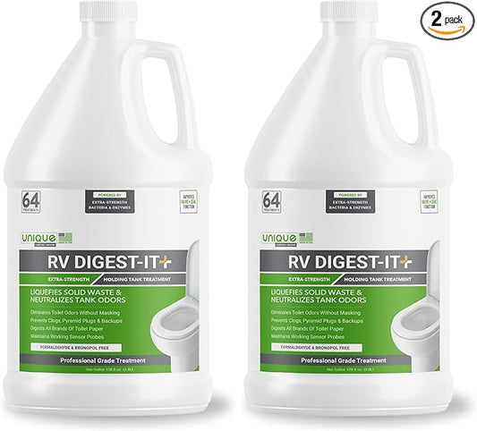 Unique RV Digest-It+, Extra-Strength RV Toilet Treatment - Liquifies Waste and All Brands of Toilet Paper - Odor Eliminator (128 oz) (Pack of 2)