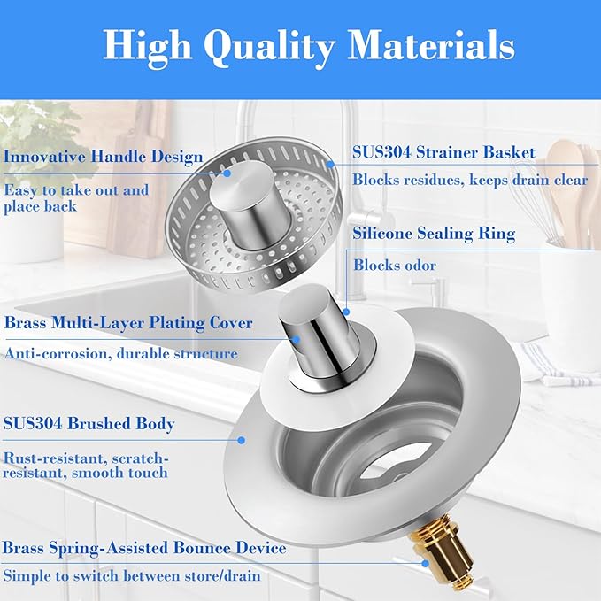 Upgraded 3-in-1 Kitchen Sink Drain Strainer with Solid Brass Core, Fast-Drain Pop-Up Sink Stopper, 304 Stainless Steel, Removable Anti-Clog Basket, for US Standard 3-1/2'' Drains (2 Pack)