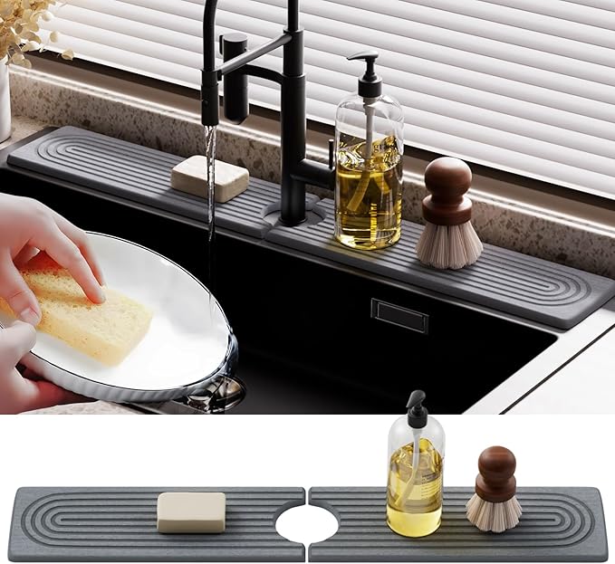 Quick Dry Sink Splash Guard - Extended 23.6" Splash Guard for Kitchen and Bathroom Countertops - Absorbent Diatomaceous Earth Faucet Mat - Dark Gray