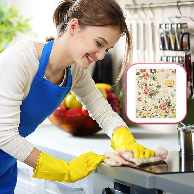 Chengu 6 Pcs Swedish Kitchen Dish Cloths, Absorbent Quick Drying Reusable Cleaning Cloths, Small Flower Pattern Dish Towels for Kitchen Counter, Sink, and Washing Dishes