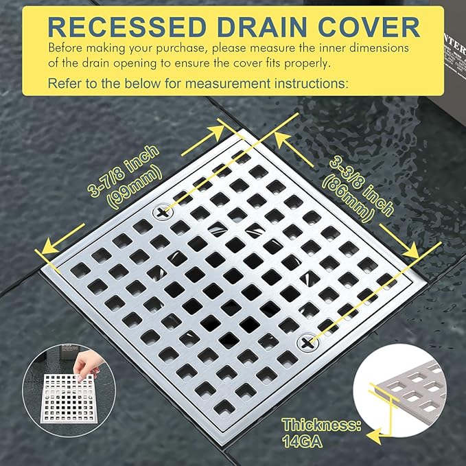 2PC 3-7/8" Brushed Nickel Shower Drain Cover - Square Floor Drain Cover Replacement - Hair Catcher/Drain Strainer for Bathrooms, Showers, and Sinks - SUS304 Stainless Steel & CUPC Certified