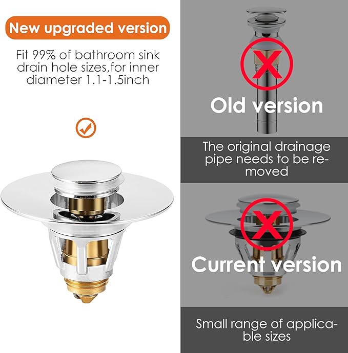 Universal Bathroom Sink Stopper, Basin Pop-up Bathroom Sink Drain Strainer, Bathroom Drain Stopper with Stainless Steel Hair Catcher for 1.1-1.5 Inch Drain(2 PCS, Silver)
