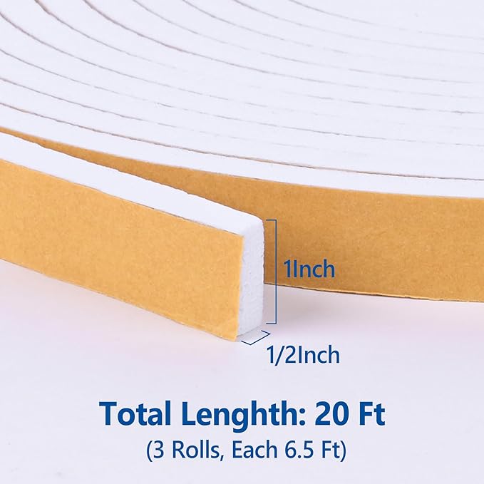 Kikerike Self Adhesive Foam Tape Weatherstrip 1in x 1/2in x 20Ft High Density Foam Insulation Strips Seal Weather Stripping with Strong Adhesive for Door and Window Sound Isolation Soundproofing