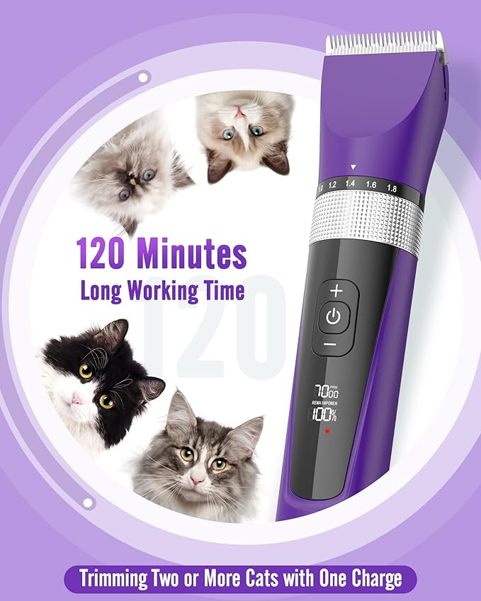 oneisall Cat Clippers for Matted Hair, 5-Speed Quiet Cat Grooming kit, Cordless Pet Shaver for Long Hair,Waterproof Pet Trimmer, Pet Clippers for Cats(Purple)