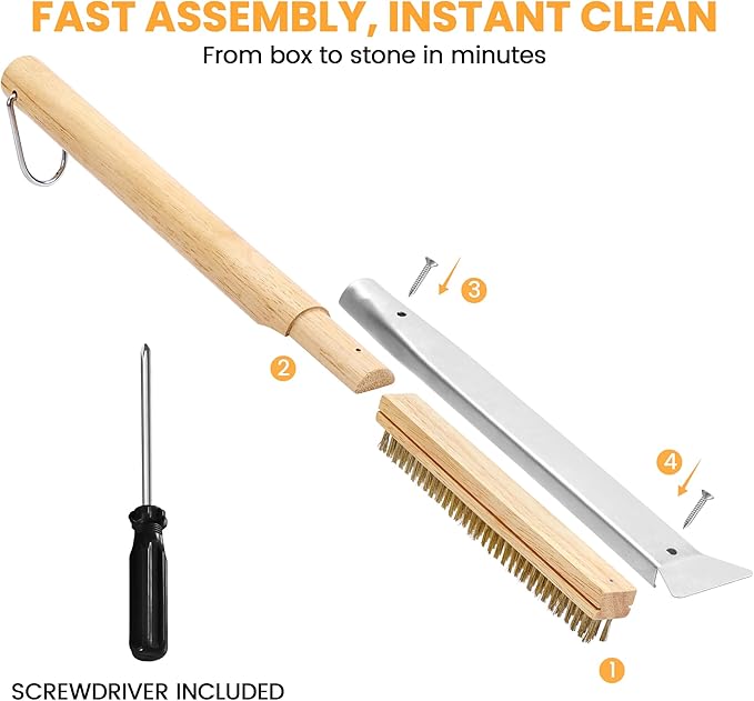 21'' Pizza Brush with Stainless Steel Stone Scraper - Brass Bristles - Wood Handle - Hanging Ring - Outdoor Pizza Oven Accessory - Compatible with Ooni, Gozney, Blackstone, Solo Stove Ovens